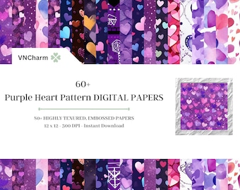 60+ Seamless Purple Heart Pattern Digital Paper Pack 1 (4K HD;13,6 inches)Digital Papers 12x12" 300 Dpi Instant Download Commercial Use