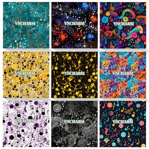 May include: Nine colorful digital paper designs featuring musical notes, swirls, and other musical symbols. The designs are in a variety of colors, including blue, green, yellow, orange, red, purple, and black.