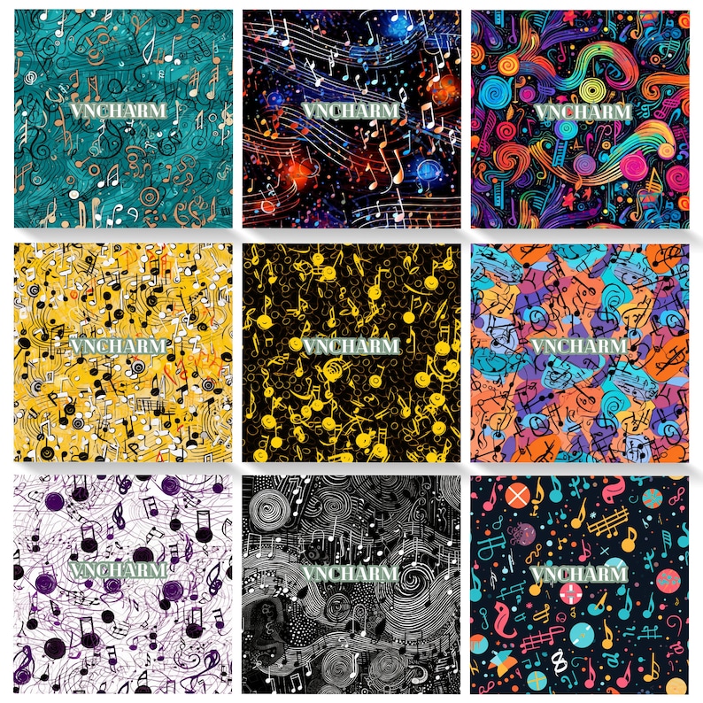 May include: Nine colorful digital paper designs featuring musical notes, swirls, and other musical symbols. The designs are in a variety of colors, including blue, green, yellow, orange, red, purple, and black.