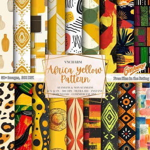 May include: A collection of 50+ digital paper patterns featuring African-inspired designs in yellow, red, black, and green. The patterns are seamless and non-seamless, 12x12 inches, 300 DPI, and perfect for commercial use.