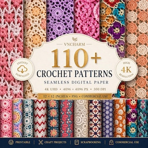 110+ Crochet Texture Patterns, 4K PNG Digital Paper Bundle