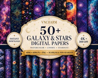 Könnte beinhalten: Eine digitale Sammlung von über 50 digitalen Galaxie- und Sternenpapieren mit kosmischen, Aquarell- und Sternenstaubmustern in tiefen Blau-, Lila- und Orangetönen. Der Text lautet VNCHARM 50+ GALAXY & STARS DIGITAL PAPERS 4K 300 DPI.