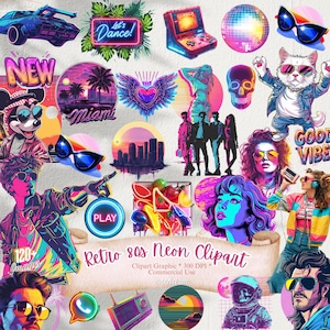 Puede incluir: Un conjunto de clipart digital de temática ochentera con colores neón, gráficos retro y texto como "Let's Dance!" y "Good Vibes". El clipart incluye una variedad de imágenes, como una bola de discoteca, un gato con gafas de sol, un corazón con alas y un paisaje urbano.