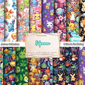 May include: A set of 12 digital paper designs featuring various Pokemon characters in a cartoon style. The designs are in a variety of colours and patterns, including pink, purple, green, and blue. The papers are 30.5 cm by 30.5 cm and 300 DPI. They are perfect for scrapbooking, card making, and other craft projects.