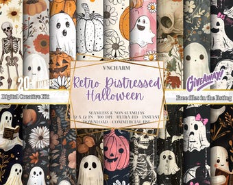 May include: A digital creative kit featuring a collection of 20 images with a retro distressed Halloween theme. The images include pumpkins, ghosts, skeletons, and floral patterns in orange, white, and black. The text "Retro Distressed Halloween" is visible.