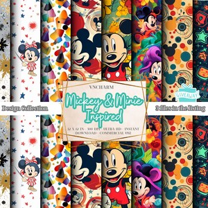 May include: A digital paper pack with 3 different designs featuring Mickey Mouse and Minnie Mouse. The designs are inspired by vintage cartoons and feature bright colors, stars, and polka dots. The text on the image reads "Mickey & Minnie Inspired" and "3 files in the listing".