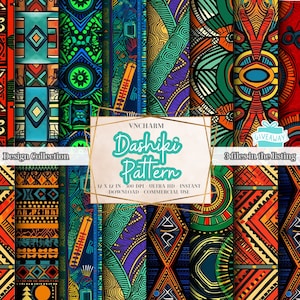 May include: A set of 3 digital printable patterns featuring vibrant African-inspired geometric designs in shades of green, blue, orange, yellow, and red. The patterns are 30.5 cm by 30.5 cm and 300 DPI. The text "Dashiki Pattern" is displayed in the center of the image.