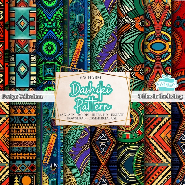 Plus de 110 modèles sans couture Dashiki africains (4K, Ultra HD, 4096 x 4096 Px) - 3 fichiers gratuits 12x12" 300 Dpi Téléchargement instantané Utilisation commerciale