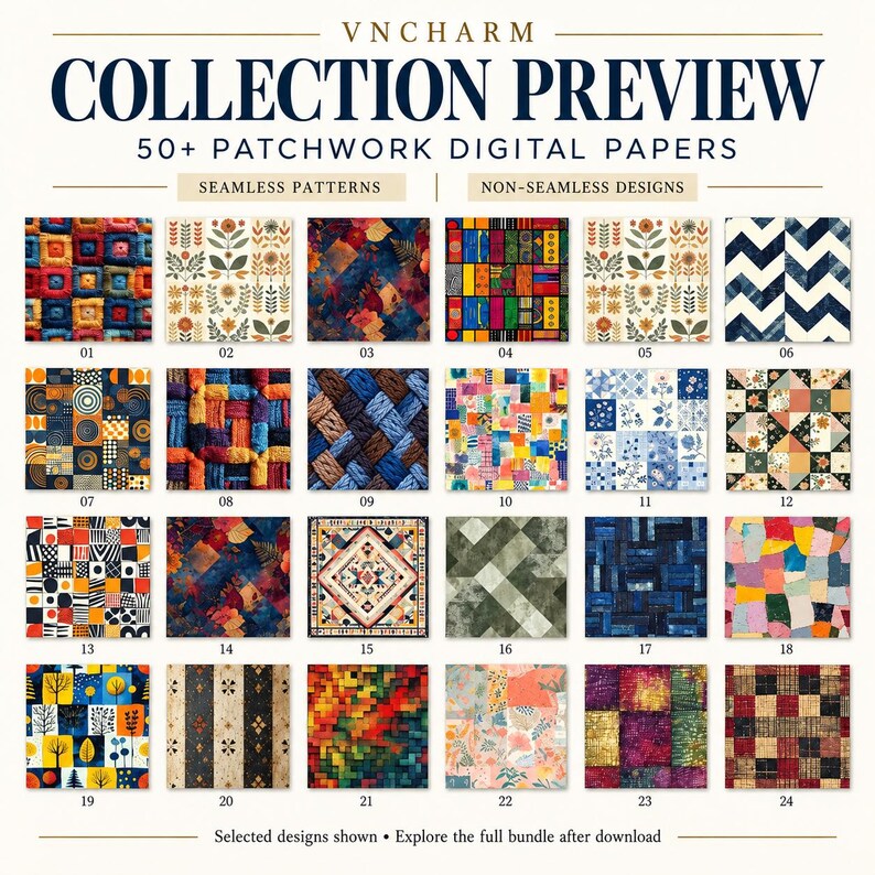 May include: A digital collection preview by VNCHARM featuring 50+ patchwork digital papers. The grid displays 24 numbered square samples of various patterns, including floral, geometric, plaid, and textured designs in diverse colour palettes.