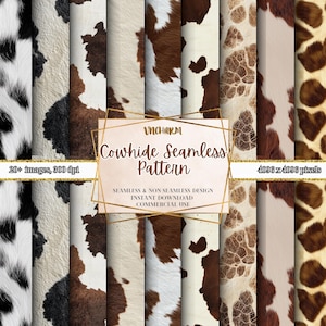 Może przedstawiać: Pakiet cyfrowego papieru z ponad 20 wzorami skóry krowiej bez szwów w różnych odcieniach brązu, bieli i czerni. Wzory mają rozmiar 4096 x 4096 pikseli i rozdzielczość 300 dpi. Tekst "Cowhide Seamless Pattern" jest wyświetlany na różowym banerze.