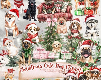 May include: A collection of watercolor illustrations featuring various dog breeds dressed in festive Christmas attire. The image includes dogs wearing Santa hats, scarves, and sweaters, with Christmas trees and gift boxes.