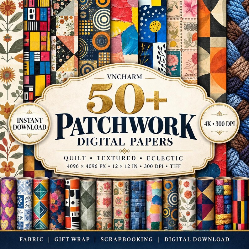 May include: A digital collection of 50+ patchwork digital papers featuring diverse patterns including floral, geometric, and textured designs. The central label reads VNCHARM 50+ PATCHWORK DIGITAL PAPERS, 4096 x 4096 PX, 30.48 x 30.48 cm, 300 DPI, TIFF.