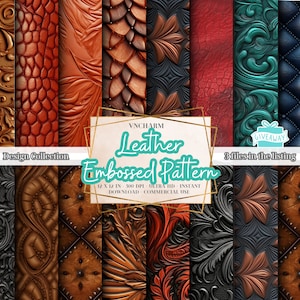 May include: A digital download of 3 leather embossed patterns in various colors and designs. The patterns are 12 inches by 12 inches and 300 DPI. The text on the image reads "Leather Embossed Pattern 12 x 12 in - 300 DPI - Ultra HD - Instant Download - Commercial Use"