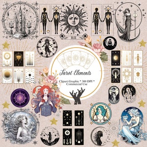 Plus de 230 cliparts d'éléments de tarot : lot de cliparts Etsy, PNG de haute qualité, téléchargement immédiat, fabrication de cartes, papier numérique, baguettes, tasses, épées, lune