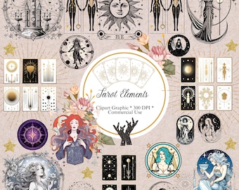 230+ Tarot Elements Clipart: Etsy Clipart Bundle, High-Quality PNG, instant download, Card Making, Digital Paper, wands, cups, swords, moon