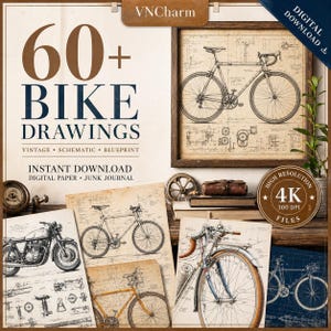 60+ Vintage Bike Blueprint Drawings PNG | Bicycle Schematic Digital Paper, Junk Journal Ephemera, Retro Scrapbook Printable Download