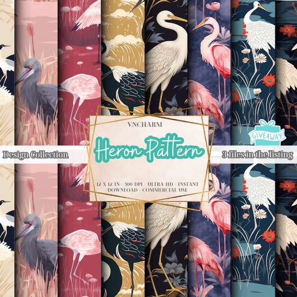 110+ Seamless Heron Bird Repeat Pattern (4K, Ultra HD, 4096 x 4096 Px) - Free 3 Files 12x12" 300 DPI Instant Download Commercial Use