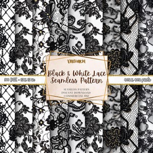 Puede incluir: Una colección de patrones sin costuras de encaje blanco y negro. Los patrones incluyen diseños florales, geométricos y abstractos. La imagen también incluye el texto "Black & White Lace Seamless Pattern" y "Seamless Pattern, Instant Download, Commercial Use."