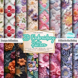 90+ 3D-broderimönster, sömlösa, icke-sömlösa, 4K, Ultra HD, 4096 x 4096 pixlar, 12x12" 300 dpi direktnedladdning, blombroderi