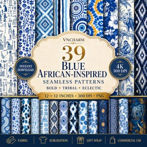 Op de afbeelding: Een digitale collectie van 39 blauwe, op Afrika geïnspireerde naadloze patronen in 30,48 x 30,48 cm, 300 DPI, PNG-formaat. De weergave toont diverse ontwerpen, waaronder florale, geometrische, tribale en diermotieven in blauw-, wit- en goudtinten.