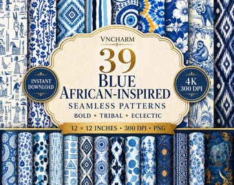 39 Blue African Seamless Patterns, Geometric Digital Paper PNG Bundle, 12x12 300 DPI