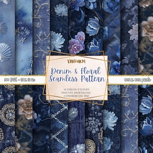 May include: A collection of denim and floral seamless patterns in shades of blue. The patterns include floral designs, denim textures, and decorative elements. The image includes the text "Denim & Floral Seamless Pattern" and "Seamless Pattern Instant Download Commercial Use".