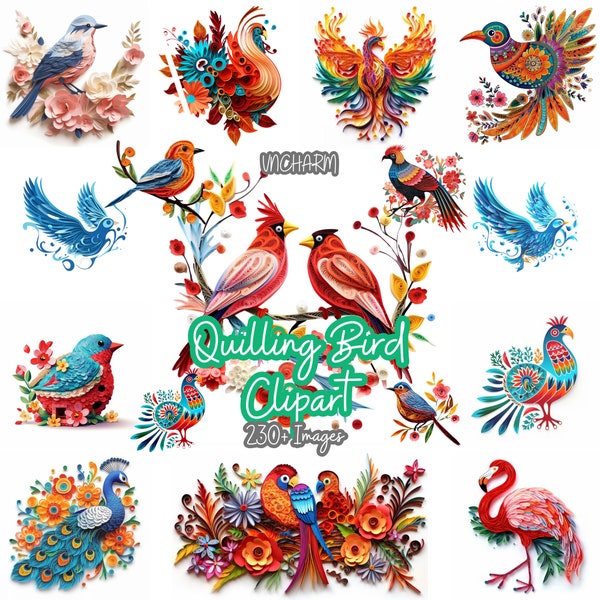 Plus de 230 cliparts oiseau Quilling-Bundle de cliparts Etsy, PNG de haute qualité, téléchargement immédiat, fabrication de cartes, papier numérique, oiseau Art imprimable