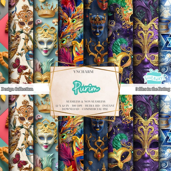 45+ Purim Seamless & Non-seamless Pattern (4K, Ultra HD, 4096 x 4096 Px) - 12x12" 300 Dpi Instant Download Commercial Use