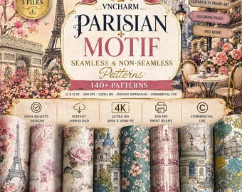 Peut inclure: Image promotionnelle pour les motifs sans couture Parisiens. L'image présente la Tour Eiffel, l'Arc de Triomphe et des motifs floraux. Le texte comprend "Nouvelle sortie", "140+ motifs" et "Téléchargement instantané". Les motifs mesurent 30,48 x 30,48 cm et 300 DPI.