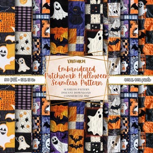 Könnte beinhalten: Ein nahtloses Halloween-Patchworkmuster mit gestickten Geistern, Fledermäusen und Hexenhüten in Orange, Schwarz, Lila und Weiß. Das Muster enthält den Text "VNCHARM Embroidered Patchwork Halloween Seamless Pattern". Das Bild ist 30,48 cm x 30,48 cm groß.