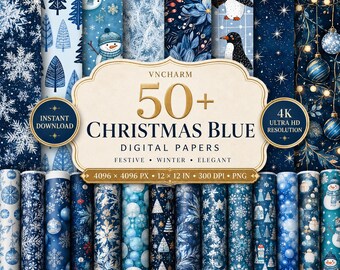 50+ Blue Christmas Digital Papers, 4096px Holiday Backgrounds, 300 DPI Commercial Use