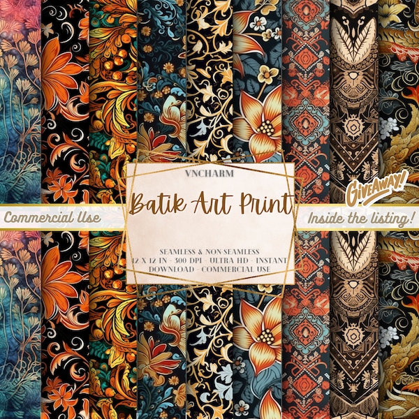 Batiks Art: 50 Batik Art Print seamless & non-seamless pattern (4K, Ultra HD, 4096 x 4096 px) 12x12" 300 Dpi Instant Download Commercial Use