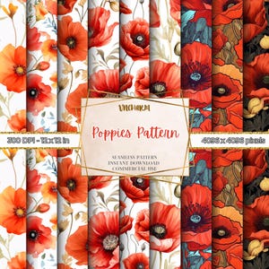 100+ Seamless Poppies Pattern | High-Resolution Digital Papers, Scrapbooking & Crafting, Instant Download 12x12&quot; 300 DPI Commercial Use