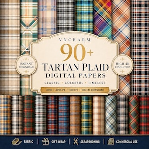Könnte beinhalten: Eine Sammlung digitaler Papiere mit über 90 Schottenkaro-Mustern in verschiedenen Farben und Stilen. Das zentrale Etikett zeigt den Text VNCHARM 90+ TARTAN PLAID DIGITAL PAPERS, INSTANT DOWNLOAD, HIGH 4K RESOLUTION, 4096 x 4096 PX, 300 DPI.