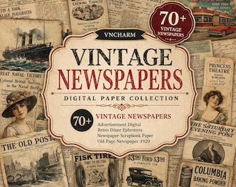 70+ Vintage Newspaper Digital Paper | Antique Newspaper Background, Old Advertisement Ephemera, Junk Journal Scrapbook Printable PNG