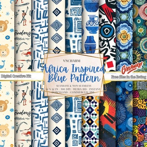 35+ Seamless African Inspired Blue Pattern (4K, Ultra HD, 4096 x 4096 Px) - Free 3 Files 12x12" 300 Dpi Instant Download, Kente Pattern