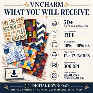 May include: A digital product listing for VNCHARM featuring 50+ individual digital papers in TIFF format, 4096 x 4096 px, 30.48 x 30.48 cm, 300 DPI, and seamless or non-seamless designs. The image displays various patterned paper samples and a laptop icon.