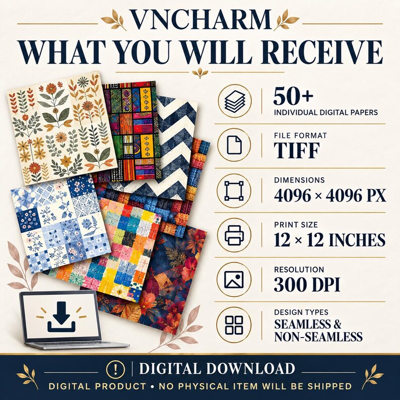 May include: A digital product listing for VNCHARM featuring 50+ individual digital papers in TIFF format, 4096 x 4096 px, 30.48 x 30.48 cm, 300 DPI, and seamless or non-seamless designs. The image displays various patterned paper samples and a laptop icon.