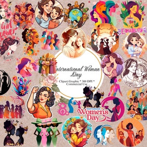 Pacchetto di oltre 400 clipart per la Giornata internazionale della donna, PNG di alta qualità, download immediato, creazione di biglietti, carta digitale, mese della storia delle donne