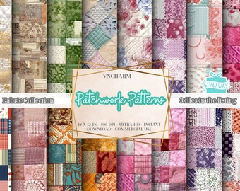 Patchwork Seamless Pattern Bundle, 90 Quilt Digital Paper Pack, Boho Fabric Print, Vintage Scrapbooking Background 4K, Commercial Use