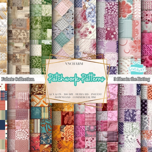 90+ Seamless Patchwork Pattern (4K, Ultra HD, 4096 x 4096 Px) - Free 3 Files 12x12" 300 Dpi Instant Download Commercial Use