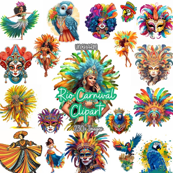 Plus de 230 cliparts pour le carnaval de Rio, PNG de haute qualité, téléchargement immédiat, fabrication de cartes, papier numérique, élément, autocollant