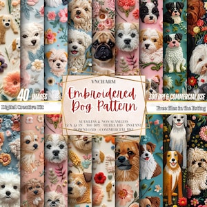 Può includere: Un download digitale di 40 immagini con motivi di cani ricamati. Le immagini sono di 30,5 x 30,5 cm, 300 DPI, e sono disponibili per il download immediato e l'uso commerciale. Le immagini presentano diverse razze di cani, tra cui un carlino, uno shih tzu, un chihuahua e un golden retriever. I cani sono circondati da disegni floreali.