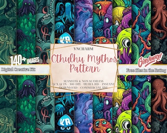 Más de 140 papeles digitales sin costuras de los Mitos de Cthulhu, 4K, UHD, 4096 x 4096 píxeles, 300 DPI, descarga instantánea, terror lovecraftiano, terror cósmico