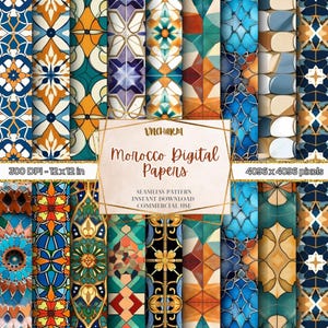 Oltre 60 modelli di carta digitale con motivi marocchini / mosaici marocchini, carta per scrapbooking stampabile con texture senza soluzione di continuità, download istantaneo digitale di mosaici marocchini