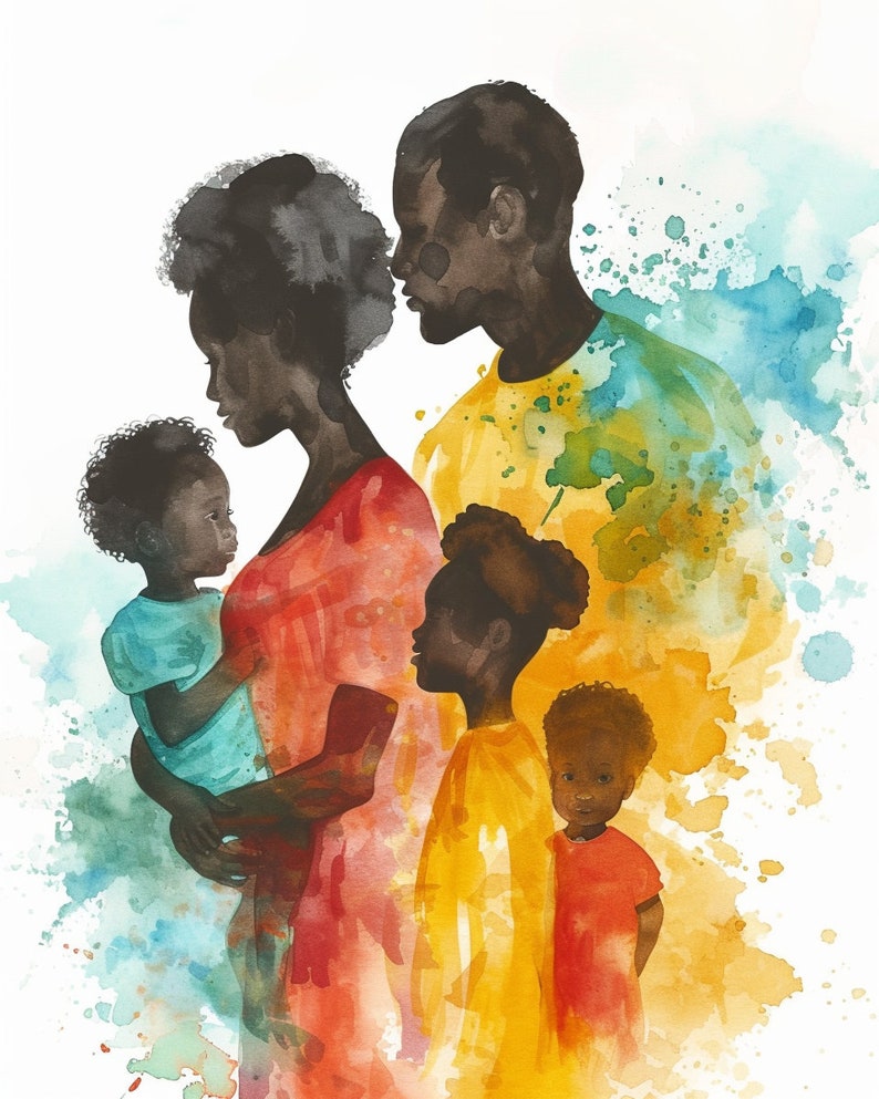 K&ouml;nnte beinhalten: Aquarellmalerei einer Familie mit zwei Kindern. Die Eltern umarmen sich, und die Kinder stehen neben ihnen. Das Gem&auml;lde ist in Blaut&ouml;nen, Gr&uuml;n, Gelb und Rot gehalten.