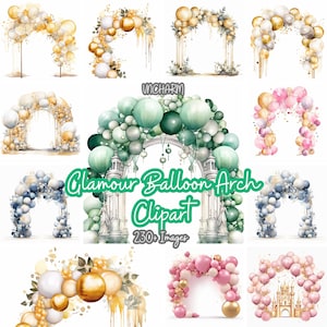 Oltre 230 Clipart di arco di palloncini glamour: Etsy Clipart Bundle, PNG di alta qualità, download immediato, creazione di biglietti, carta digitale, arco, rosa, oro
