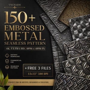 Embossed Metal Seamless Pattern Bundle 4K | 150+ Industrial Digital Paper PNG | 12x12 300 DPI Instant Download Commercial Use