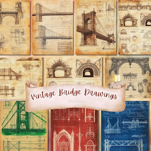 89 Vintage Bridge Drawings, Vintage, Bridge Architecture Schematic drawing, Blueprint Instant Download, Junk Journal, Digital Paper