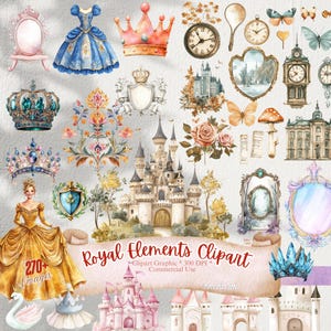 270+ aquarel koninklijke elementen clipart | Royal clipart-bundel, koning png, koningin clipart, prinses, bloemen, symbool, kunst decor, kasteel clipart